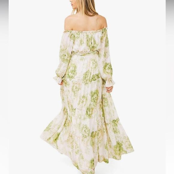Flying Tomato Cream Green Floral Off Shoulder Flowy Tiered Belted Maxi Dress - Picture 2 of 16